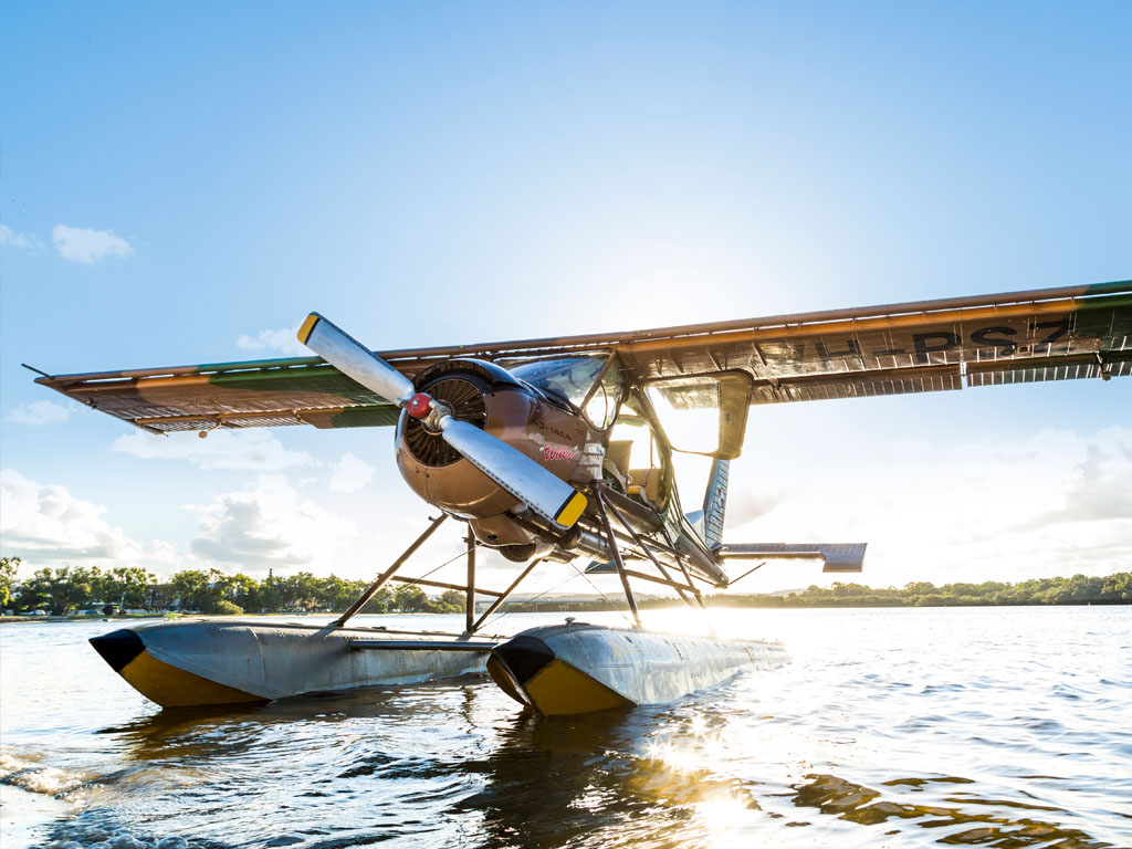 Wilga Warbird Seaplane at rest in Maroochy River at sundown